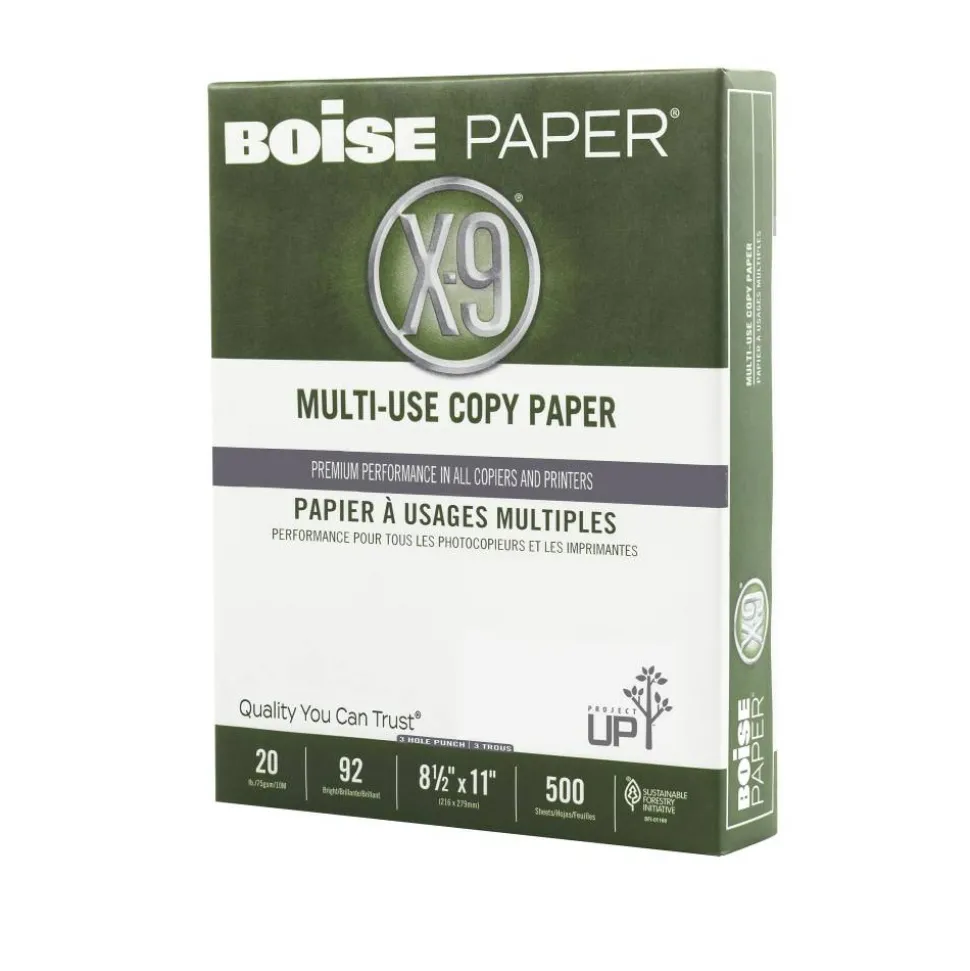 Boise® X-9® 3-Hole Punched Multi-Use Printer & Copy Paper, 10 Reams, White, Letter (8.5" x 11"), 5000 Sheets Per Case, 20 Lb, 92 Brightness