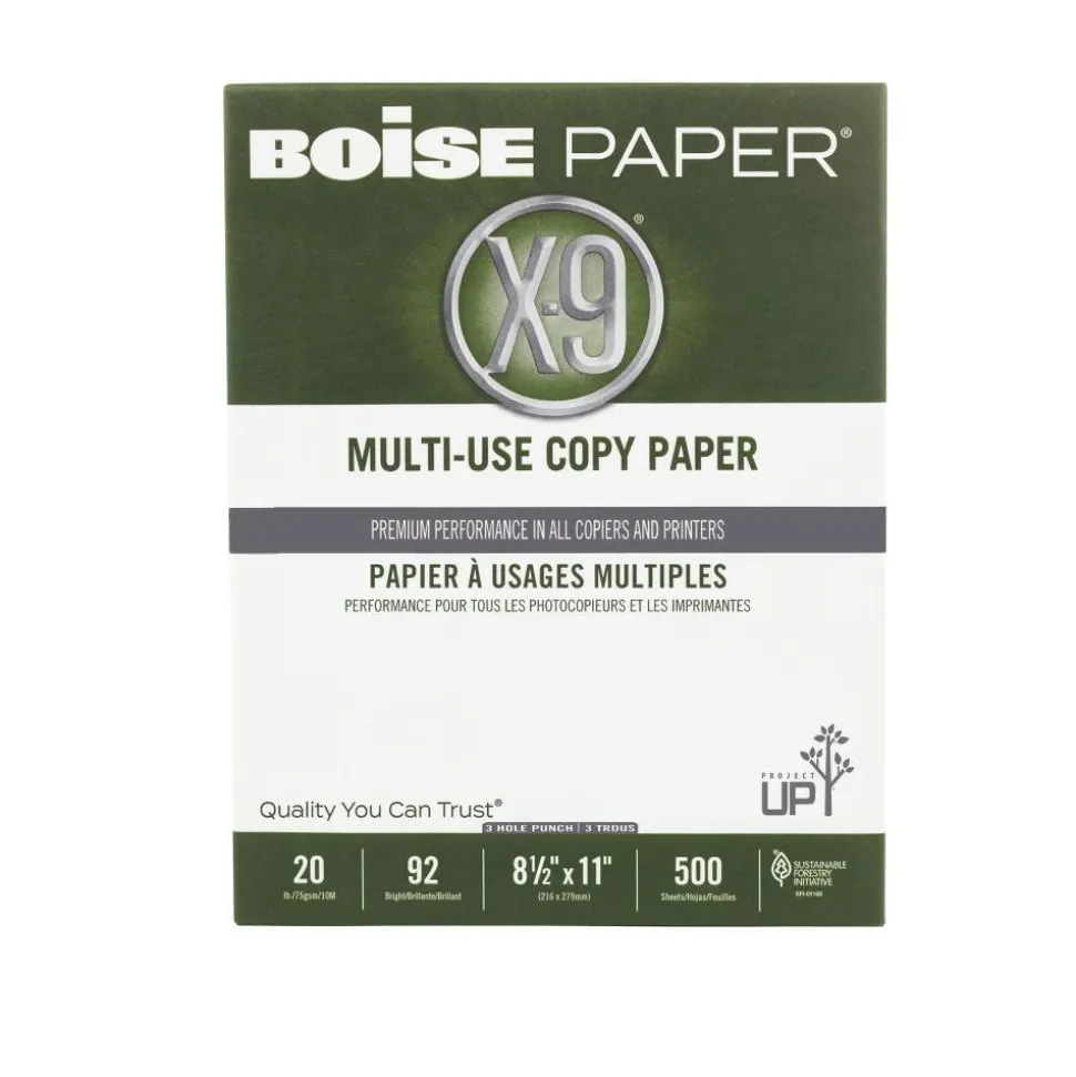 Boise® X-9® 3-Hole Punched Multi-Use Printer & Copy Paper, 10 Reams, White, Letter (8.5" x 11"), 5000 Sheets Per Case, 20 Lb, 92 Brightness