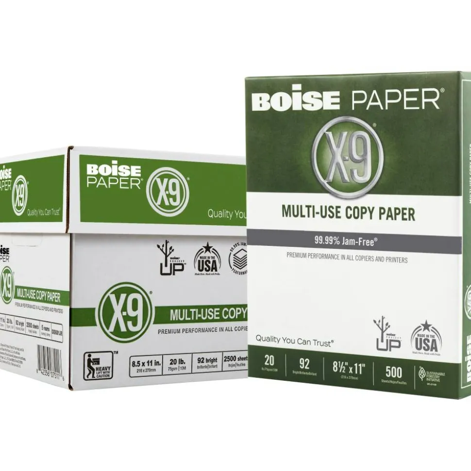 Boise X-9 Multi-Use Printer & Copy Paper, White, Letter (8.5" x 11"), 2500 Sheets Per Case, 20 Lb, 92 Brightness
