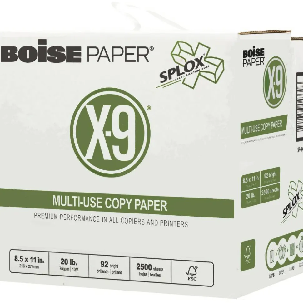 Boise X-9 SPLOX Reamless Multi-Use Printer & Copy Paper, White, Letter (8.5" x 11"), 2500 Sheets Per Case, 20 Lb, 92 Brightness