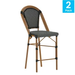 Bordeaux Set of 2 Stackable Indoor/Outdoor French Bistro 26" High Counter Height Stools, Commercial Grade, Black/White and Bamboo Finish