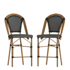 Bordeaux Set of 2 Stackable Indoor/Outdoor French Bistro 26" High Counter Height Stools, Commercial Grade, Black/White and Bamboo Finish