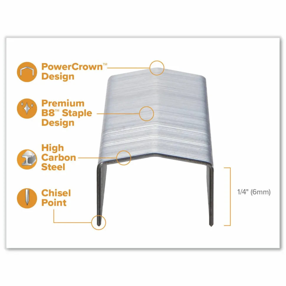 Bostitch B8 PowerCrown Premium Staples, 1/4" Size, Box Of 5,000