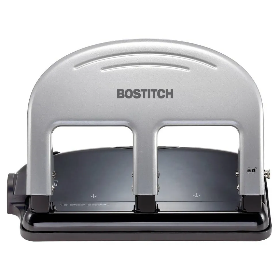 Bostitch EZ Squeeze Three-Hole Punch, 40 Sheet Capacity, Black/Silver