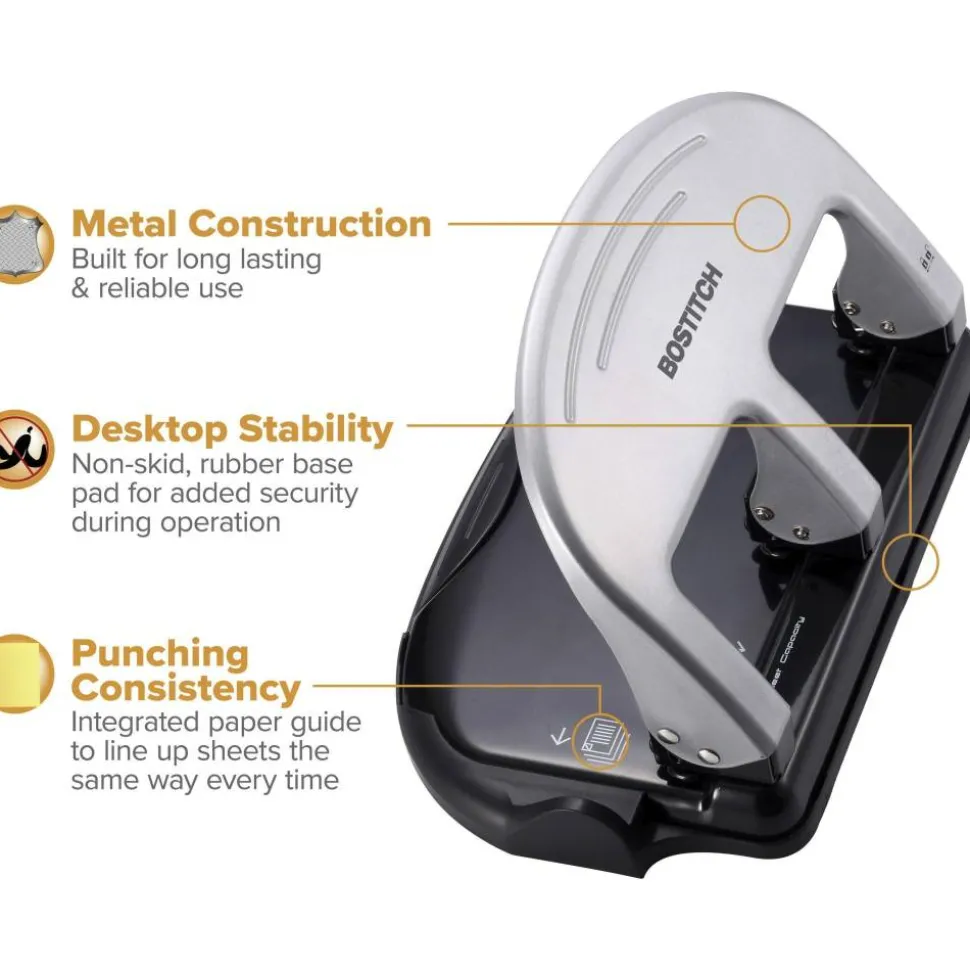 Bostitch EZ Squeeze Three-Hole Punch, 40 Sheet Capacity, Black/Silver