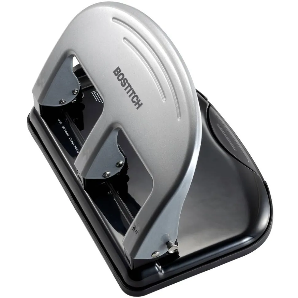 Bostitch EZ Squeeze Three-Hole Punch, 40 Sheet Capacity, Black/Silver