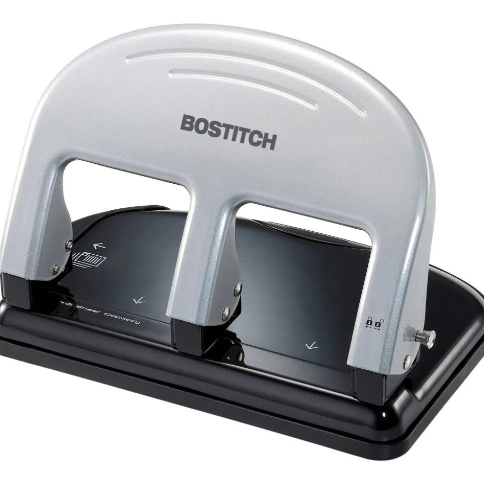 Bostitch EZ Squeeze Three-Hole Punch, 40 Sheet Capacity, Black/Silver