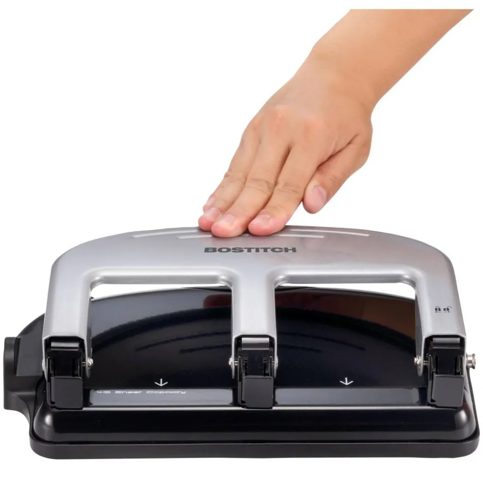 Bostitch EZ Squeeze Three-Hole Punch, 40 Sheet Capacity, Black/Silver