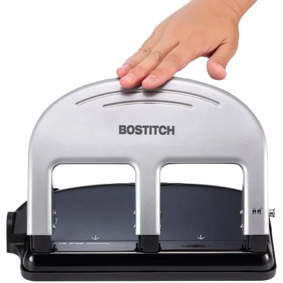Bostitch EZ Squeeze Three-Hole Punch, 40 Sheet Capacity, Black/Silver