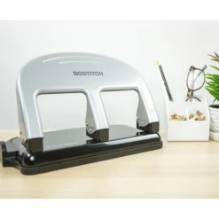 Bostitch EZ Squeeze Three-Hole Punch, 40 Sheet Capacity, Black/Silver