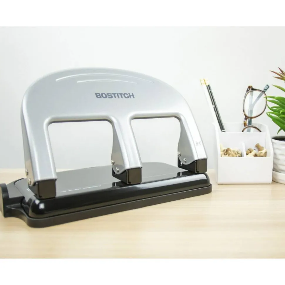 Bostitch EZ Squeeze Three-Hole Punch, 40 Sheet Capacity, Black/Silver