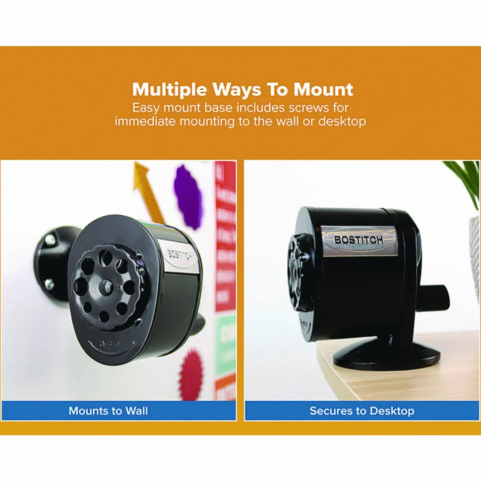 Bostitch Metal Manual Pencil Sharpener, Manually-Powered, 5.44" x 2.69" x 4.33", Black