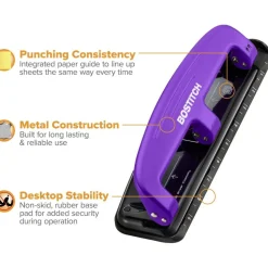 Bostitch EZ Squeeze Three-Hole Punch, 12 Sheet Capacity, Purple