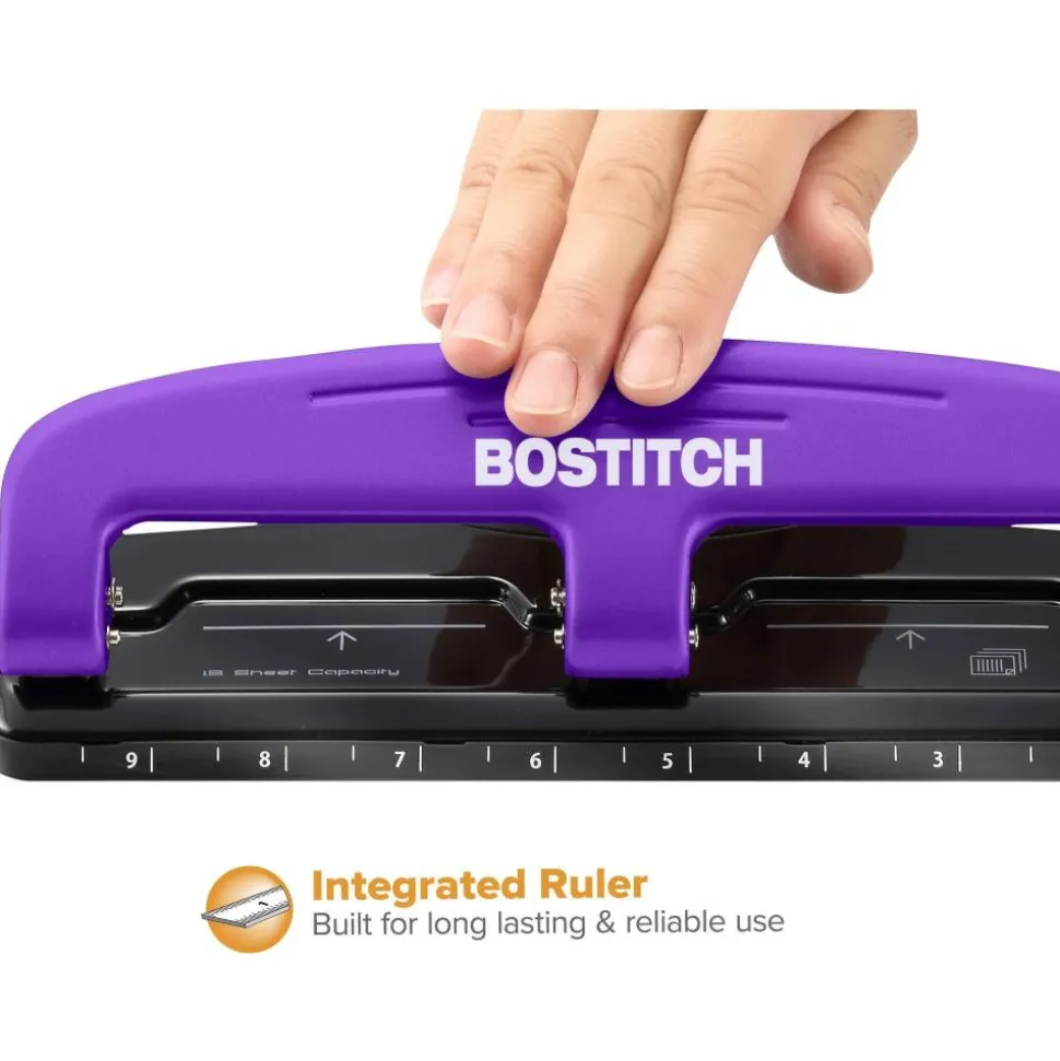 Bostitch EZ Squeeze Three-Hole Punch, 12 Sheet Capacity, Purple