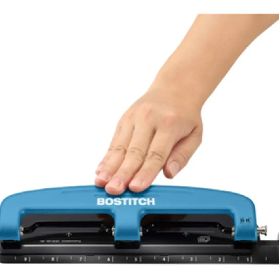 Bostitch EZ Squeeze Three-Hole Punch, 12 Sheet Capacity, Blue