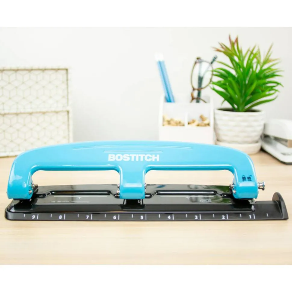 Bostitch EZ Squeeze Three-Hole Punch, 12 Sheet Capacity, Blue