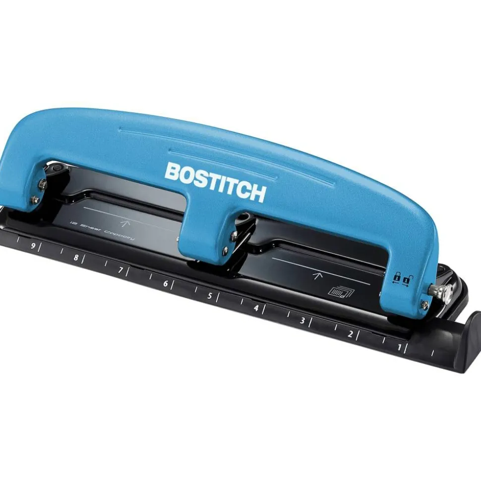Bostitch EZ Squeeze Three-Hole Punch, 12 Sheet Capacity, Blue