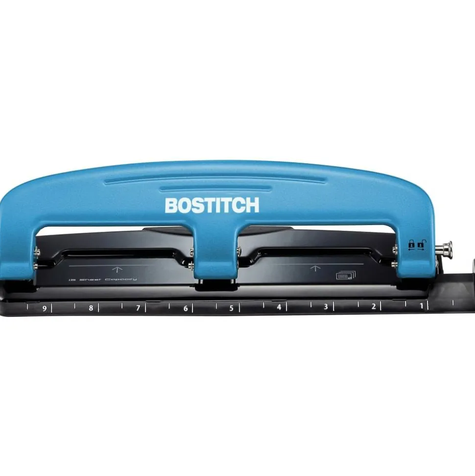 Bostitch EZ Squeeze Three-Hole Punch, 12 Sheet Capacity, Blue