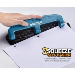 Bostitch EZ Squeeze Three-Hole Punch, 12 Sheet Capacity, Blue