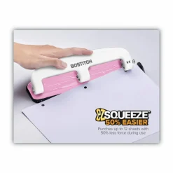 Bostitch EZ Squeeze Three-Hole Punch, InCourage, 12 Sheet Capacity, Pink/White