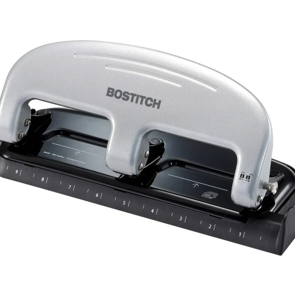 Bostitch EZ Squeeze Three-Hole Punch, 20 Sheet Capacity, Black/Silver