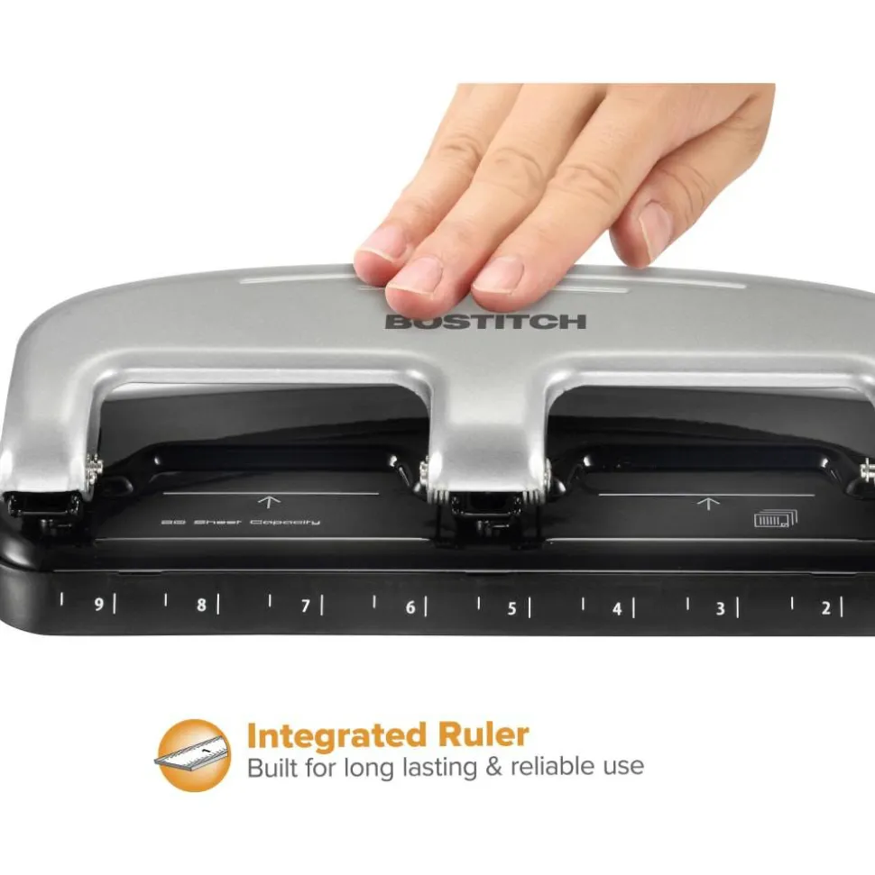 Bostitch EZ Squeeze Three-Hole Punch, 20 Sheet Capacity, Black/Silver