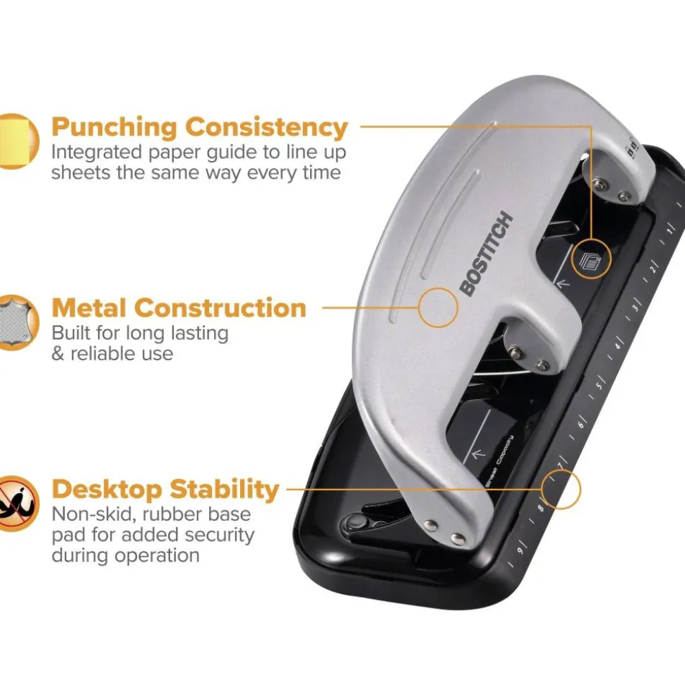 Bostitch EZ Squeeze Three-Hole Punch, 20 Sheet Capacity, Black/Silver
