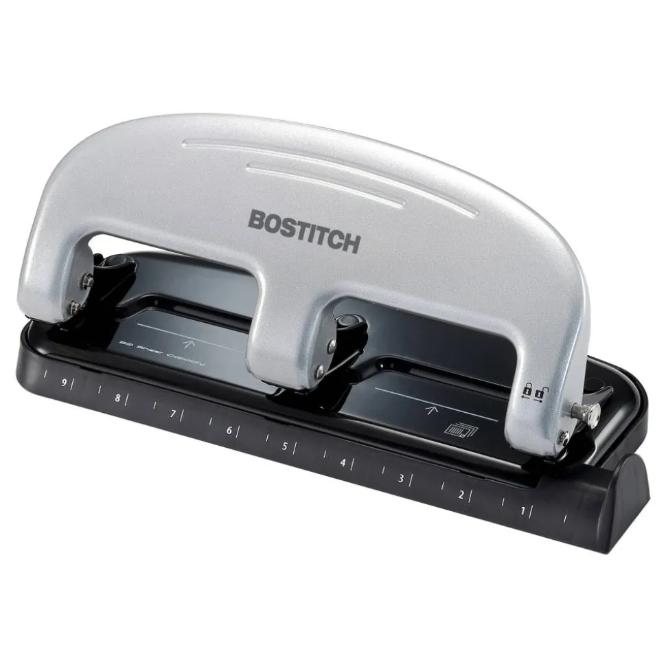 Bostitch EZ Squeeze Three-Hole Punch, 20 Sheet Capacity, Black/Silver