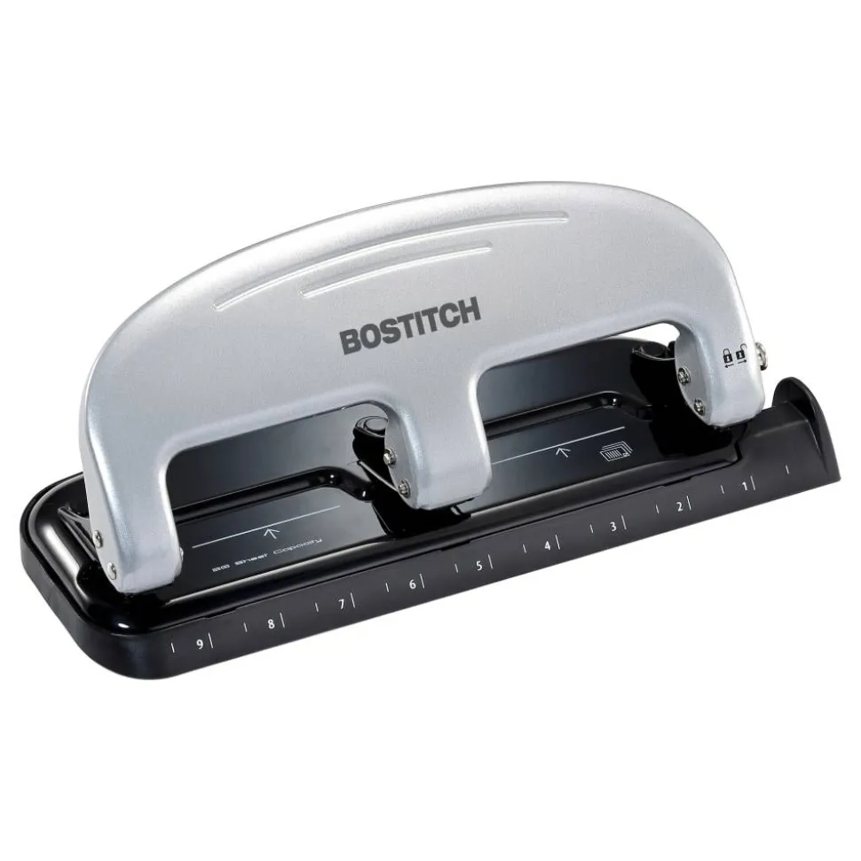 Bostitch EZ Squeeze Three-Hole Punch, 20 Sheet Capacity, Black/Silver