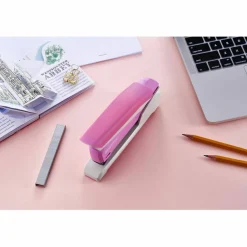 Bostitch InCourage Spring-Powered Desktop Stapler With Antimicrobial Protection, 20 Sheets Capacity, Pink/White