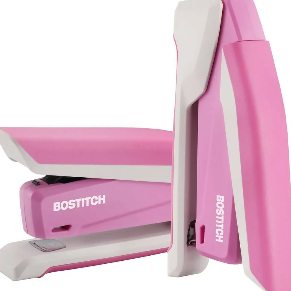 Bostitch InCourage Spring-Powered Desktop Stapler With Antimicrobial Protection, 20 Sheets Capacity, Pink/White