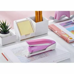 Bostitch InCourage Spring-Powered Desktop Stapler With Antimicrobial Protection, 20 Sheets Capacity, Pink/White