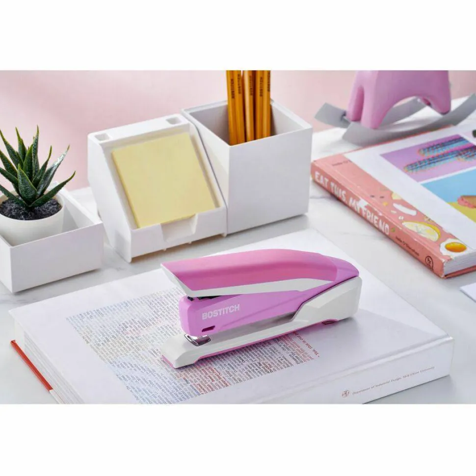Bostitch InCourage Spring-Powered Desktop Stapler With Antimicrobial Protection, 20 Sheets Capacity, Pink/White