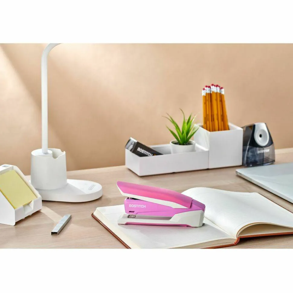 Bostitch InCourage Spring-Powered Desktop Stapler With Antimicrobial Protection, 20 Sheets Capacity, Pink/White