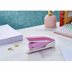 Bostitch InCourage Spring-Powered Desktop Stapler With Antimicrobial Protection, 20 Sheets Capacity, Pink/White