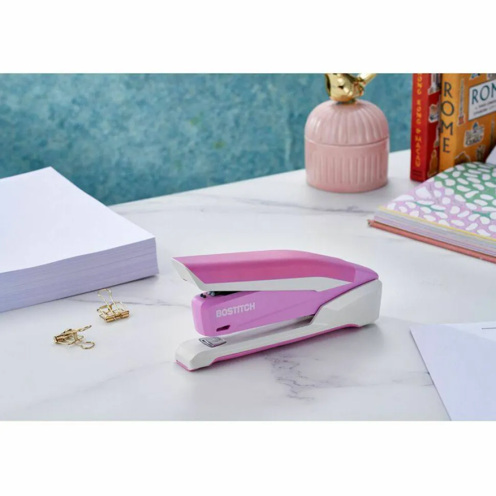 Bostitch InCourage Spring-Powered Desktop Stapler With Antimicrobial Protection, 20 Sheets Capacity, Pink/White