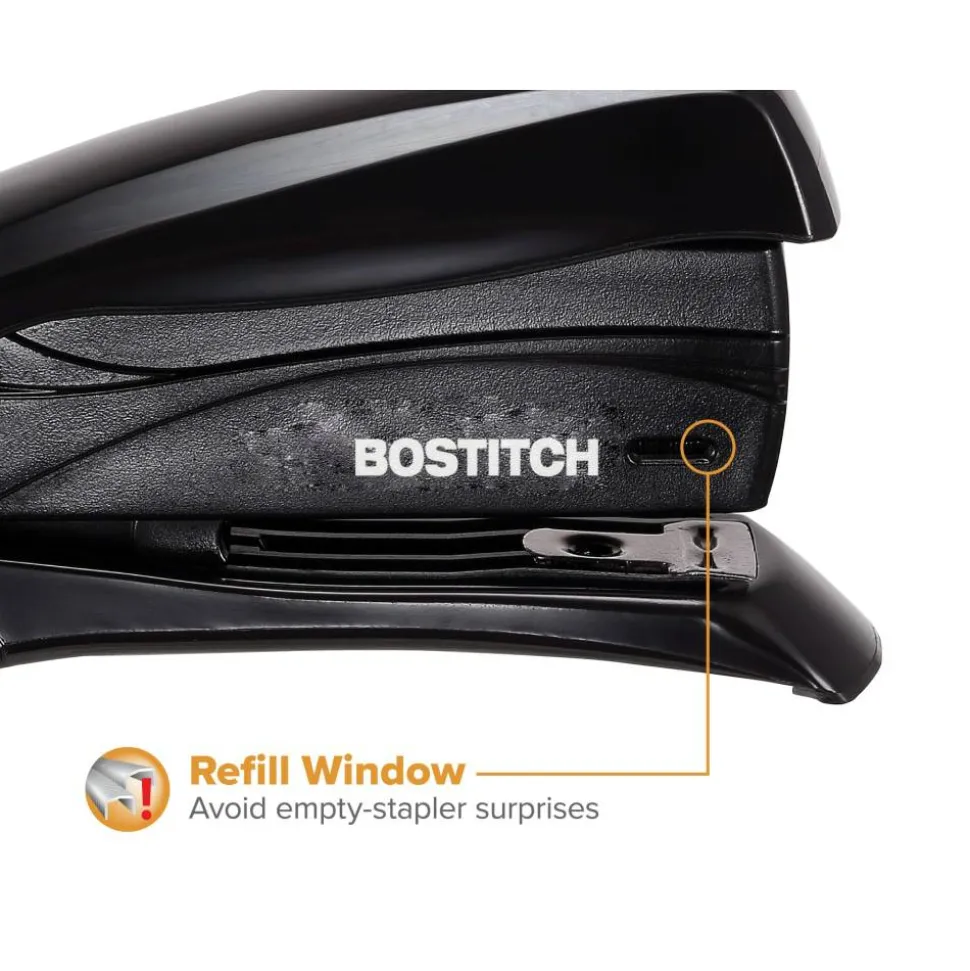 Bostitch Inspire Spring-Powered Compact Stapler, 15 Sheet Capacity, Black