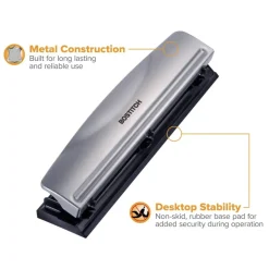 Bostitch Premium 3-Hole Punch, 12-Sheet Capacity, All-Metal, Rubber Base, Easy-Clean Tray, Silver/Black