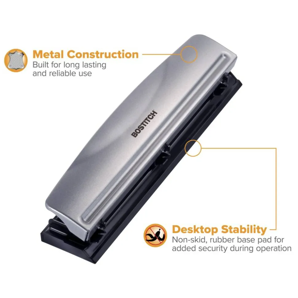 Bostitch Premium 3-Hole Punch, 12-Sheet Capacity, All-Metal, Rubber Base, Easy-Clean Tray, Silver/Black