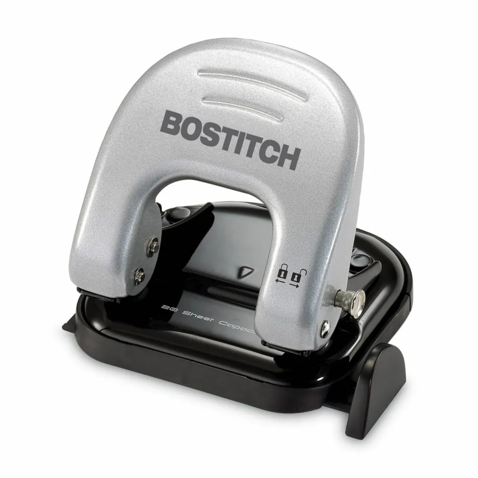 Bostitch 20-Sheet EZ Squeeze Two-Hole Punch, 9/32" Holes, Black/Silver