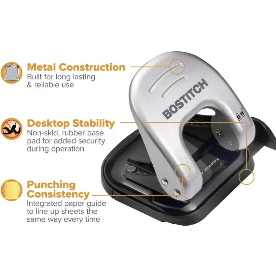 Bostitch 20-Sheet EZ Squeeze Two-Hole Punch, 9/32" Holes, Black/Silver