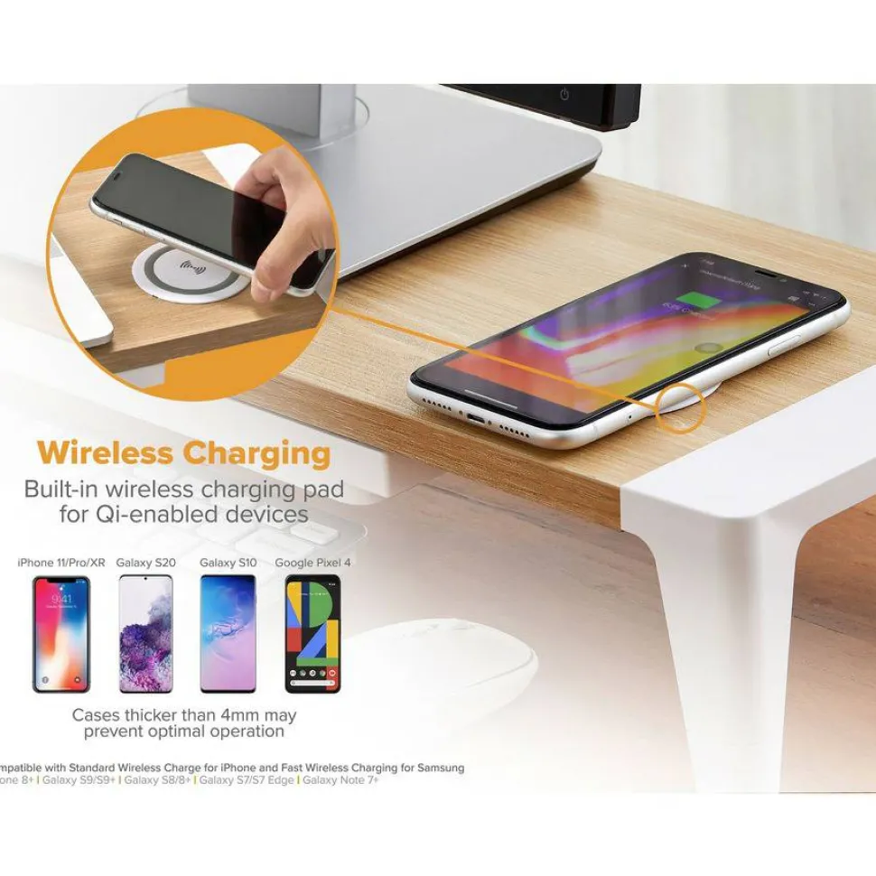 Bostitch Wooden Monitor Stand with Wireless Charging Pad, 9.8" x 26.77" x 4.13", White
