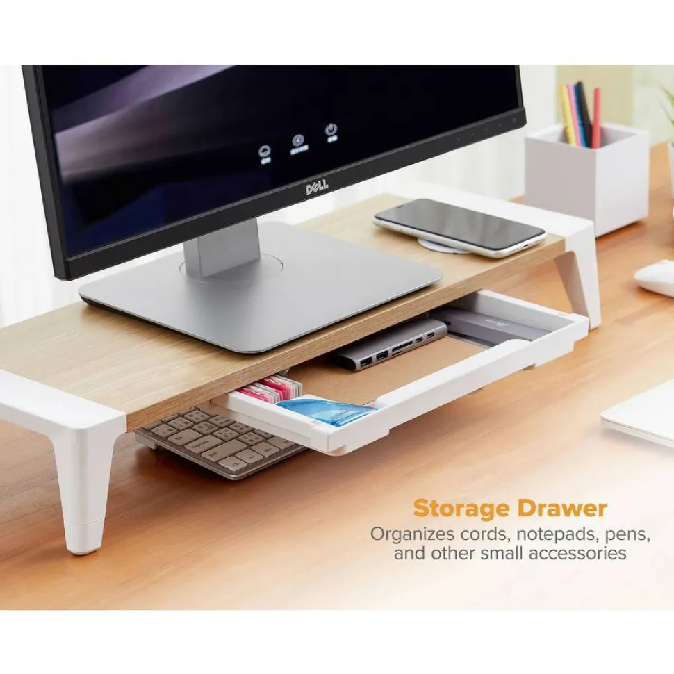 Bostitch Wooden Monitor Stand with Wireless Charging Pad, 9.8" x 26.77" x 4.13", White