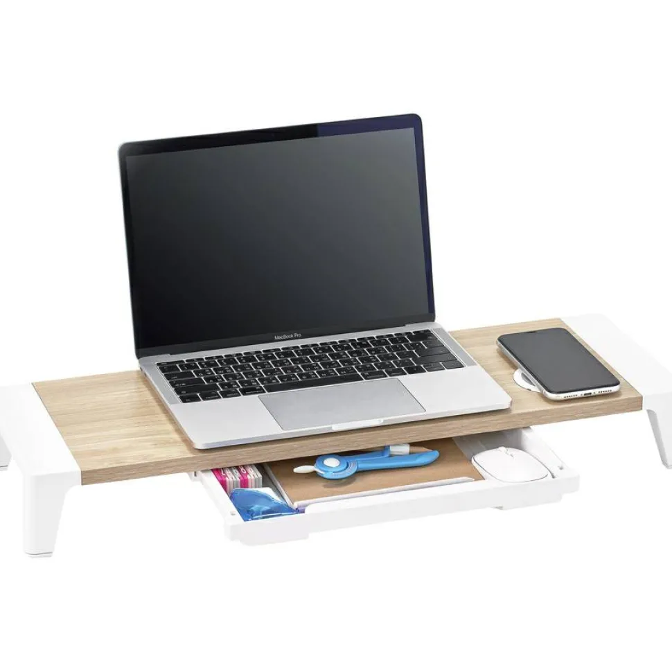 Bostitch Wooden Monitor Stand with Wireless Charging Pad, 9.8" x 26.77" x 4.13", White
