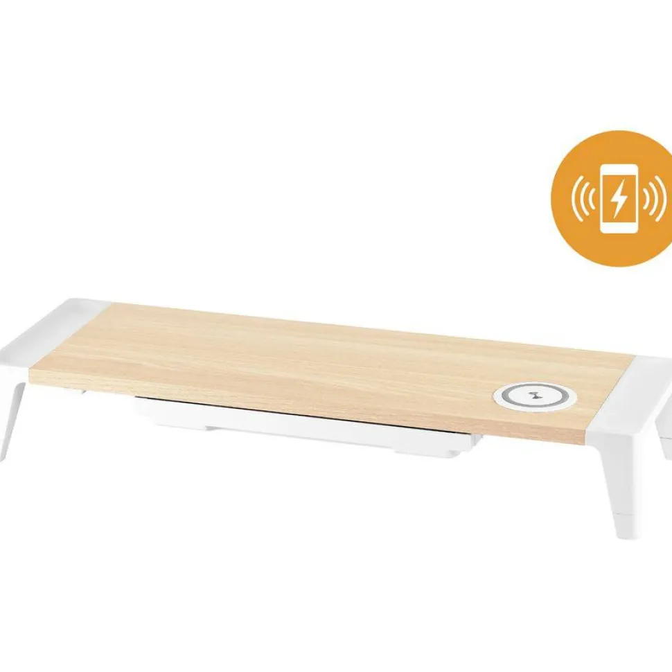 Bostitch Wooden Monitor Stand with Wireless Charging Pad, 9.8" x 26.77" x 4.13", White