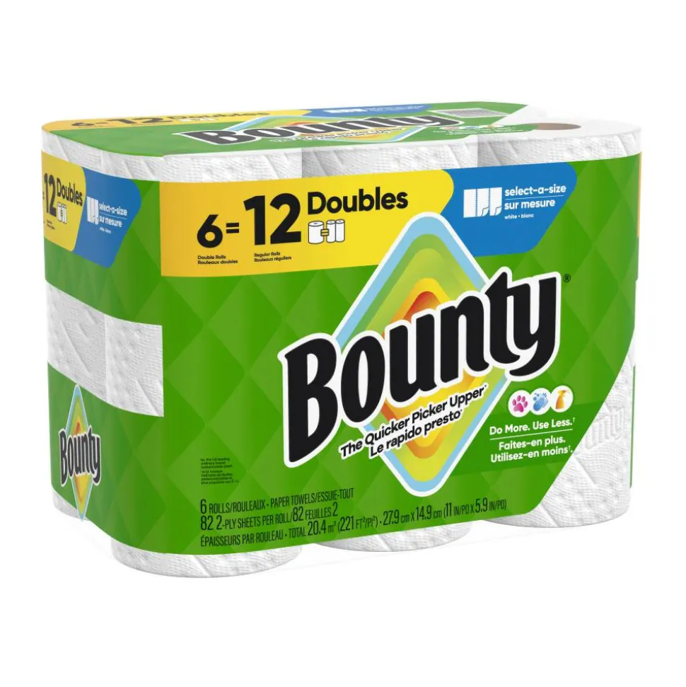 Bounty 2-Ply Paper Towels Select-A-Size Double Rolls, 6 Rolls Total/82 Sheets Per Roll, White