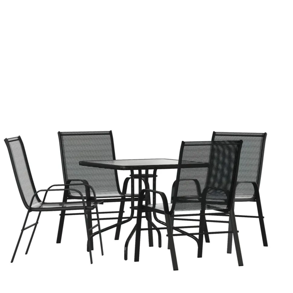 Brazos 5 Piece Outdoor Patio Dining Set - 31.5" Square Tempered Glass Patio Table, 4 Black Flex Comfort Stack Chairs