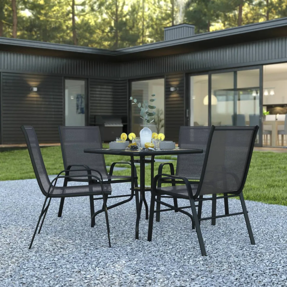 Brazos 5 Piece Outdoor Patio Dining Set - 31.5" Square Tempered Glass Patio Table, 4 Black Flex Comfort Stack Chairs