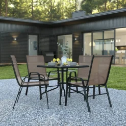 Brazos 5 Piece Outdoor Patio Dining Set - 31.5" Square Tempered Glass Patio Table, 4 Brown Flex Comfort Stack Chairs