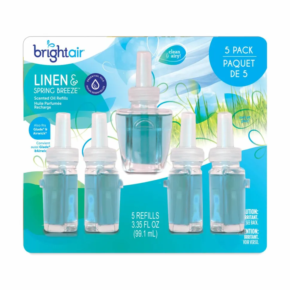 BRIGHT Air Electric Scented Oil Air Freshener Refill, Linen and Spring Breeze, 0.67 oz Bottle, 5/Pack